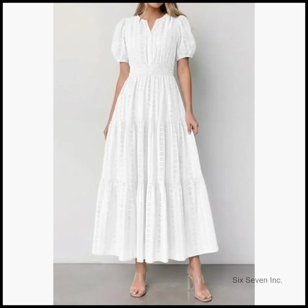 Cotton Maxi Dress with Puff Sleeves V Neck Smocked Waist Flowy Eyelet - Picture 3 of 7